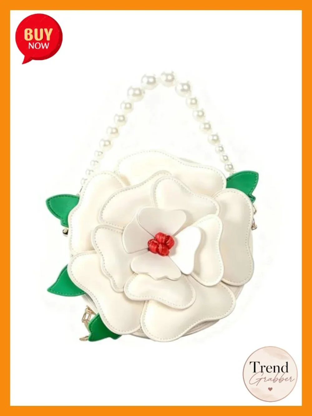 PU Leather Floral Crossbody Purse with Pearl Chain, Lolita Whimsical Handbag